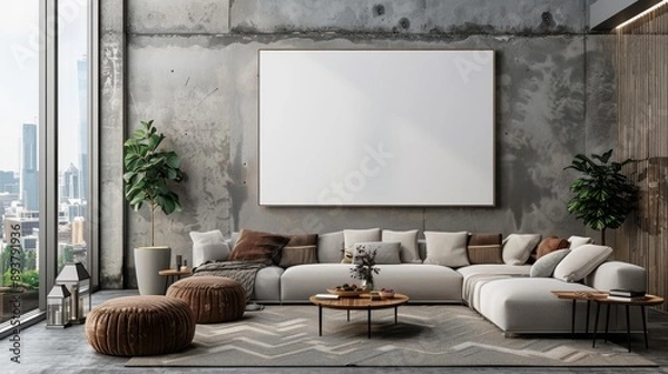 Fototapeta A Modern Living Room with a Large Blank Canvas Hanging Above a Plush White Sofa