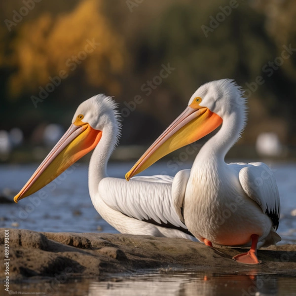 Obraz Dalmatian Pelicans Resting by the River in Natural Habitat