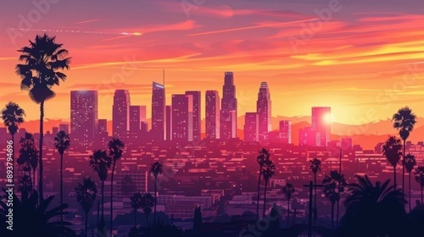 Fototapeta Illustrate the Los Angeles skyline with a cinematic feel, adding a touch of Hollywood glamour