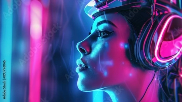 Fototapeta Vibrant neo-futuristic artwork with neon-lit elements.