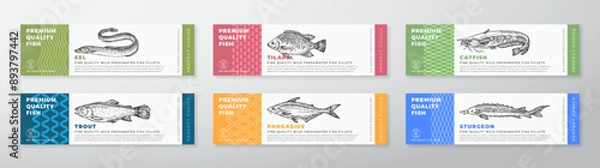 Fototapeta Fish Seafood Vector Packaging Label Design Collection Modern Typography and Hand Drawn Eel, Trout, Catfish, Pangasius, Sturgeon and Tilapia Product Background Layouts Set