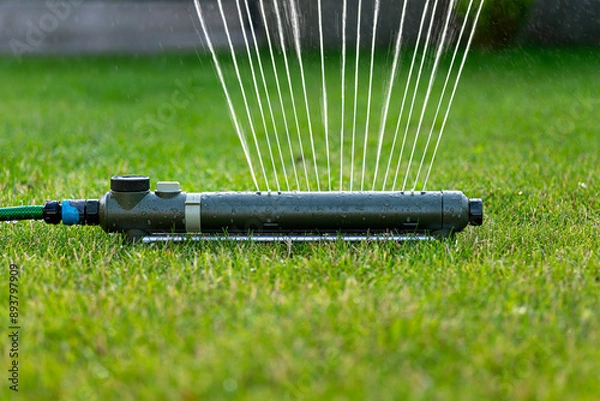 Obraz Grass swing sprinkler watering the lawn in the backyard of a house.