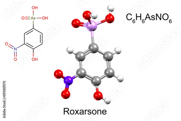 Fototapeta Chemical formula, structural formula and 3D ball-and-stick model of an animal feed additive roxarsone