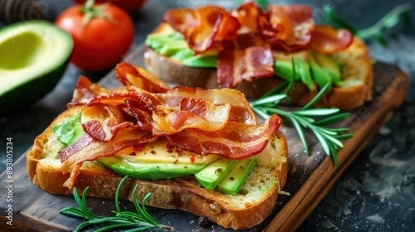Fototapeta Avocado and Bacon Toast on a Wooden Cutting Board