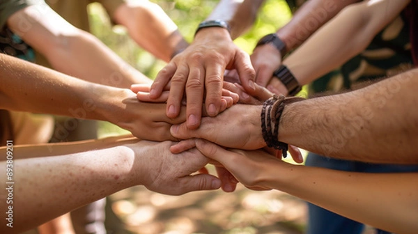 Fototapeta Team building exercise with closeup of team stacking hands