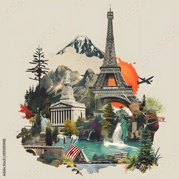 Obraz A creative collage of various travel destinations with iconic landmarks, cultural symbols, and natural wonders from around the world. 