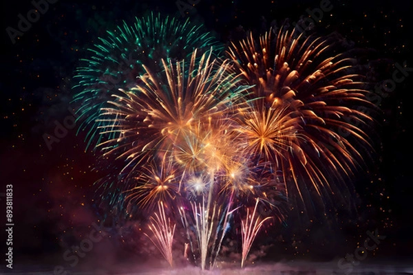 Fototapeta Colorful christmas firewokrs on dark backgrond,  festive, magic new year background, winter party, abstract holiday bokeh, template for design, greeting postcard, copy space.