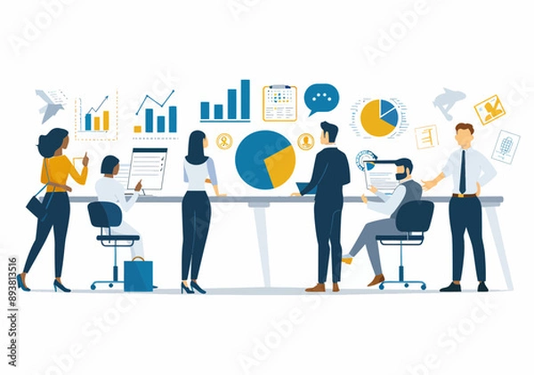 Fototapeta Team Collaborating on Business Strategies and Data Analysis at Office Workstation, Minimalist Vector Illustration Depicting Professional Graphs, Charts, and Icons for Corporate Presentation