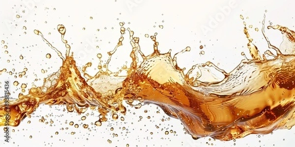 Fototapeta A dynamic splash of golden brown liquid, capturing the movement and energy with detailed droplets and bubbles on white background