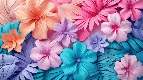 Fototapeta Abstract 3D blossoms and leaves in vibrant hues, forming an eye-catching background