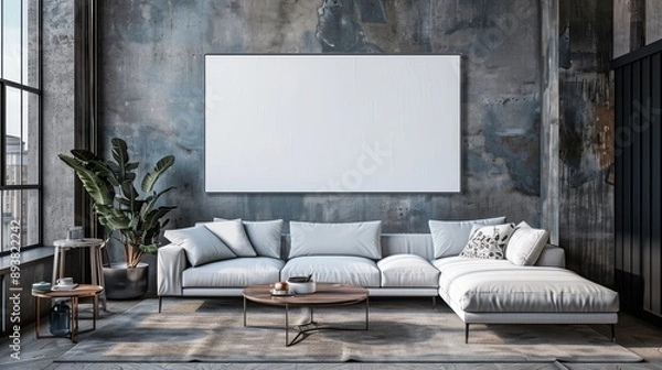 Fototapeta Modern living room with a large blank canvas for artwork above a white sectional sofa