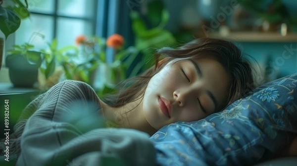 Fototapeta ソファーで寝ている日本人女性