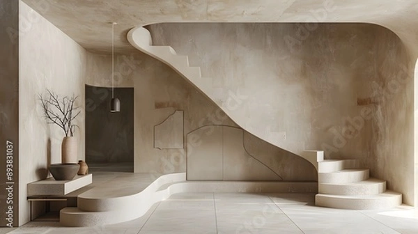 Fototapeta This image features a minimalistic and elegant interior space with smooth, curved architectural lines, natural materials, and a serene atmosphere. 