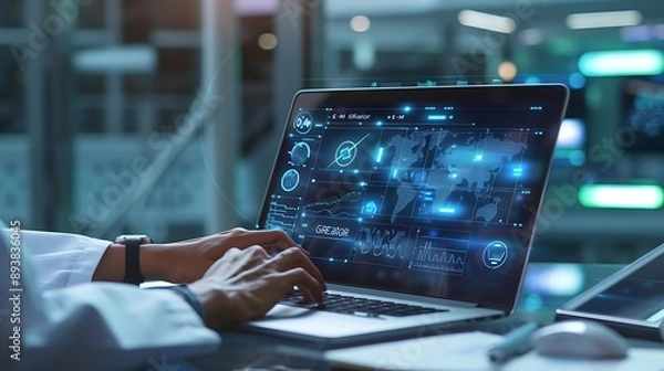 Fototapeta A Person Using a Laptop with a Futuristic User Interface