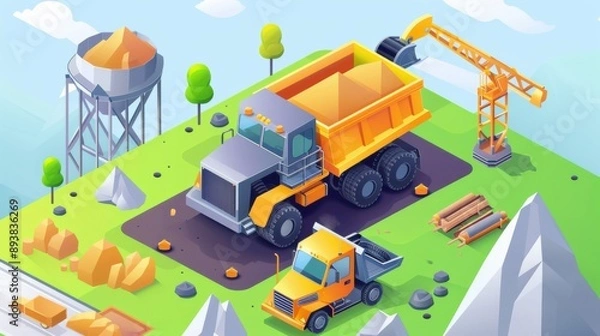 Fototapeta construction dump truck concrete mixer factory isometric style icon design remodeling working repairing theme generated-ai