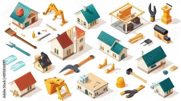 Obraz construction isometric style symbol set design remodeling working repairing theme generated-ai