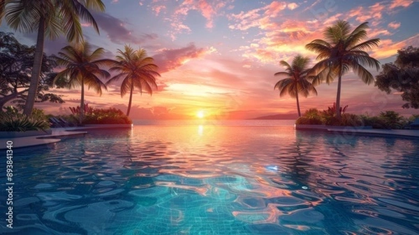 Fototapeta Tranquil Pool Reflecting a Vibrant Sunset Over a Tropical Paradise