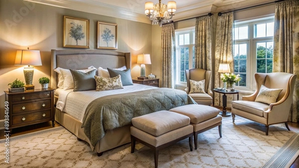 Fototapeta Sophisticated Guest Bedroom with Plush Bedding and Elegant Decor.