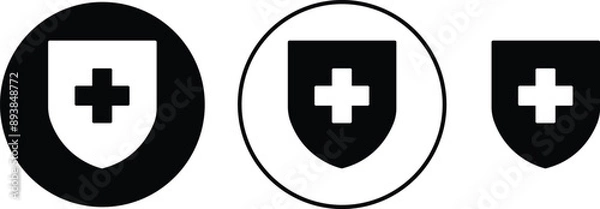 Fototapeta Medical health protection shield cross icons set. Protected shield concept. Safety badge vector. Privacy metal banner shield. Security safeguard metal label. Presentation chrome sticker shape.