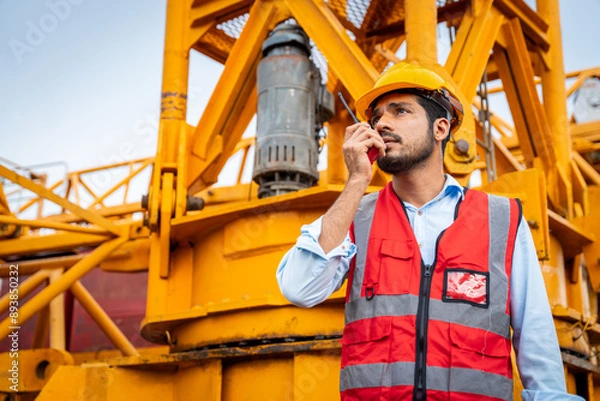 Obraz A man in a yellow hard hat and red vest is talking on a walkie talkie