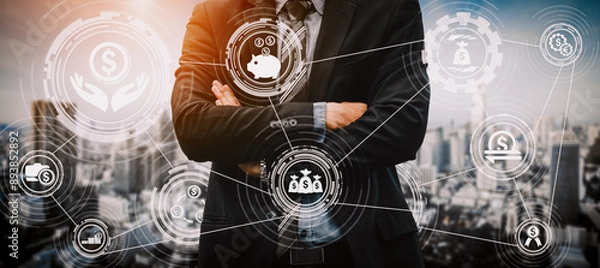 Fototapeta Finance and Money Transaction Technology Concept. Icon Graphic interface showing fintech trade exchange, profit statistics analysis and market analyst service in modern computer application.