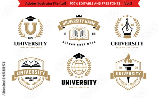 Fototapeta University, college, school or academy classic style logo set Vol 2. Education label, emblem or badge collection with editable text.