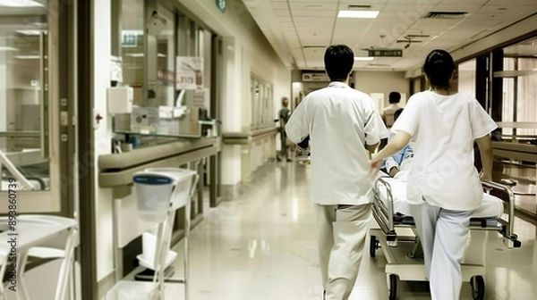 Obraz 病院の廊下で患者をストレッチャーで運ぶ看護師