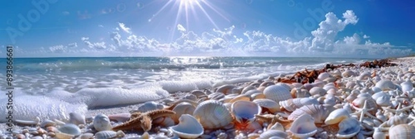 Obraz A beach scene with beautiful seashells and starfish on the sandy shore, under a bright sunny sky - Generative ai