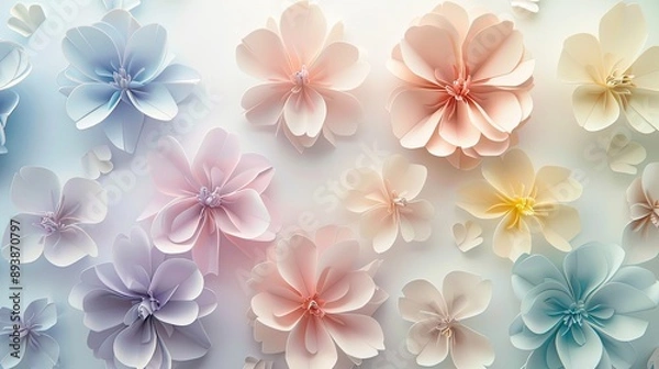 Fototapeta Translucent paper flowers in soft pastels layered for depth on background