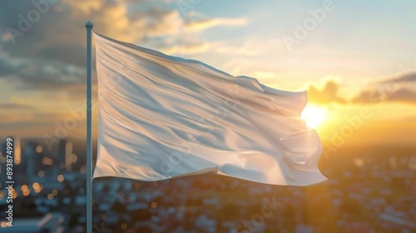 Fototapeta A white flag billows against a backdrop of a city skyline and a vibrant sunset