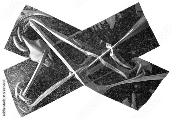 Fototapeta Adesivo colante preto. Fita colante escura amassada, dobrada e com rugas. Tapes coladas em fundo transparente. Aspecto de plástico.