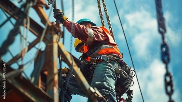 Obraz Worker on the construction of a cable-stayed bridge
