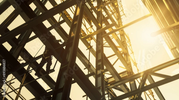Obraz Silhouettes of construction workers framed against beams of steel, with sunlight streaming through creating a dramatic effect.