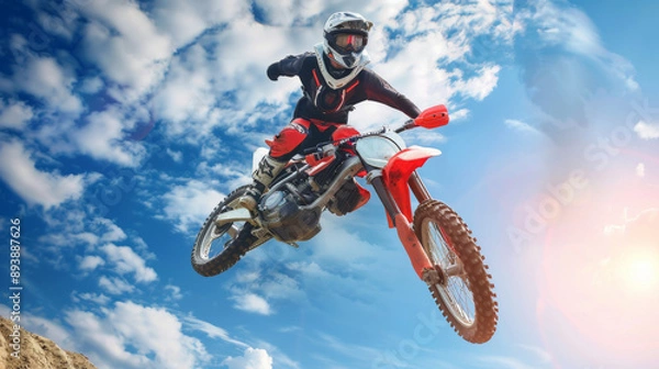 Fototapeta A motocross rider mid-air performing a stunt against a blue, partly cloudy sky, capturing the thrill and adrenaline of extreme sports.