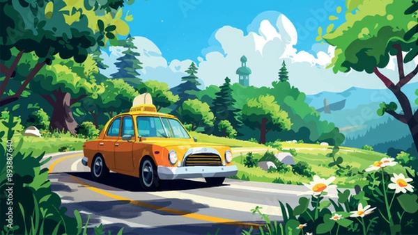 Fototapeta Yellow Taxi Driving Down Country Road Cartoon Environment Adventure Mobile Game Rural Landscape Scenic Route Colorful Car Journey Illustration Countryside Setting