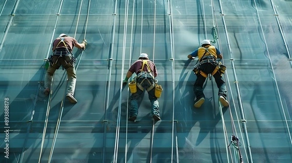 Fototapeta High angle view of workers cleaning windows of skyscrapers in business district