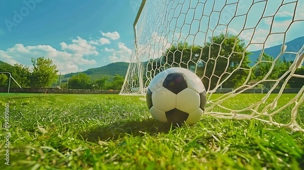 Obraz Soccer ball in the goal net with green grass and mountains in the background