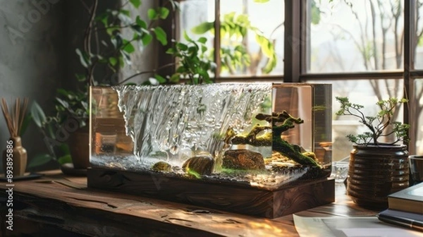 Obraz A miniature indoor waterfall, encased in a glass enclosure, sits on a wooden table, creating a serene and relaxing atmosphere