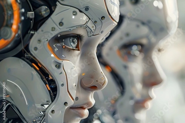 Fototapeta Futuristic Close-Up of Advanced Android Faces with Intricate Details
