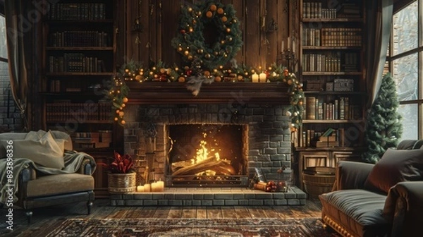 Fototapeta cozy fire atmosphere, burning logs in the fireplace fill the room with the soothing aroma of cedar wood and eucalyptus, creating a peaceful and tranquil atmosphere