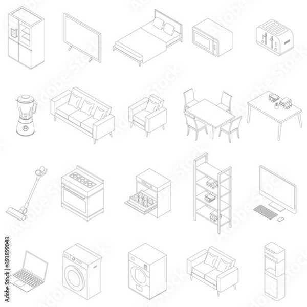 Obraz Isometric Everyday Household Items Outline Vector Illustration