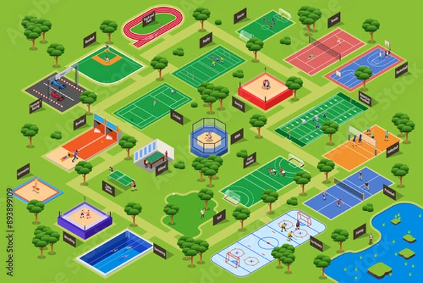 Obraz Isometric Different Sport Courts Map in a Park Vector Illustration