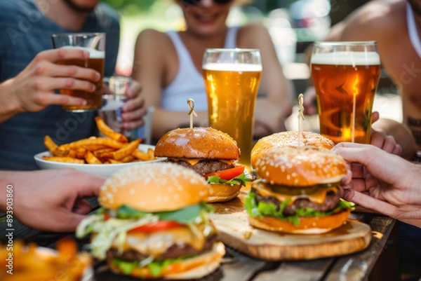 Obraz A cheerful group enjoying burgers and beer outdoors, with a focus on the food and drinks in the foreground.