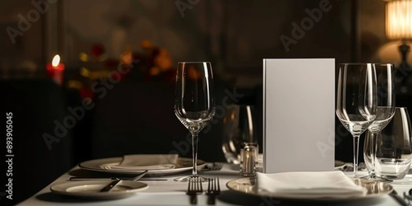 Fototapeta fine dining table setting of luxury fancy restaurant menu invitation card mockup for weddings and romantic eating event decoration as wide banner with empty black copy space