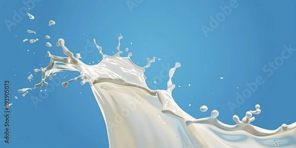 Fototapeta  splattered milk splash, pouring white liquid flow for low, full, skimmed fat dairy products over blue clean isolated background as wide commercial banner design with copyspace