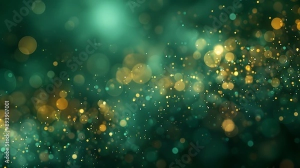 Fototapeta A mesmerizing abstract background featuring shimmering green and gold bokeh lights, creating a festive and enchanting atmosphere. 