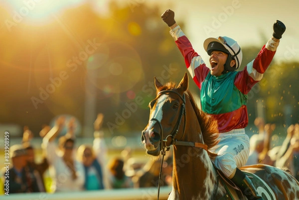 Obraz A triumphant jockey raises arms in celebration while riding a horse under a golden sunset, surrounded by cheering spectators, capturing victory and joy.