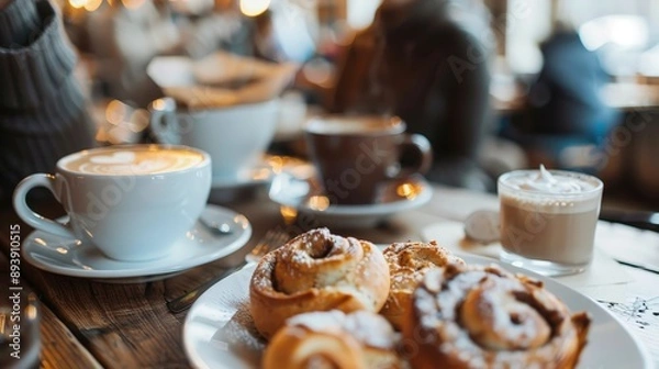 Fototapeta A close-up of a table in a Scandinavian cafe, with a cup of coffee and a plate of cinnamon rolls. The cafe is bustling with people enjoying fika