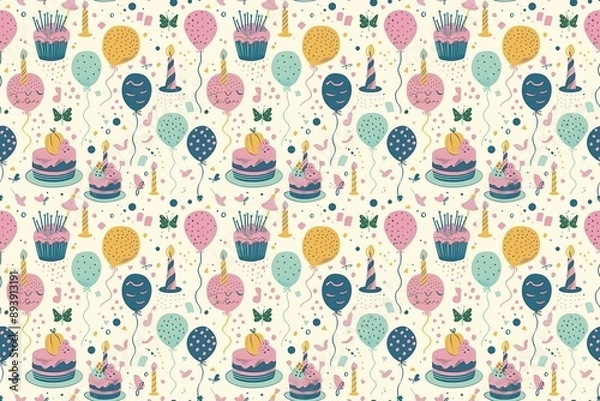 Fototapeta Joyful cartoon-style birthday pattern with pastel balloons, cakes, and floating confetti