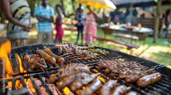 Fototapeta A close-up view of a South African braai barbecue grill with various meats grilling over hot coals, surrounded by friends enjoying a sunny day